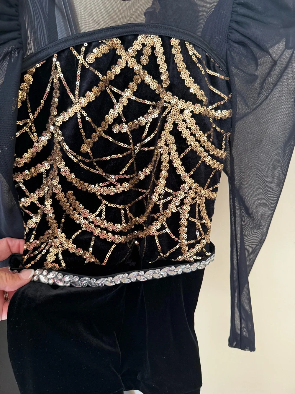 Weissman Black Velvet Performance Dress with Gold Sequin Accents